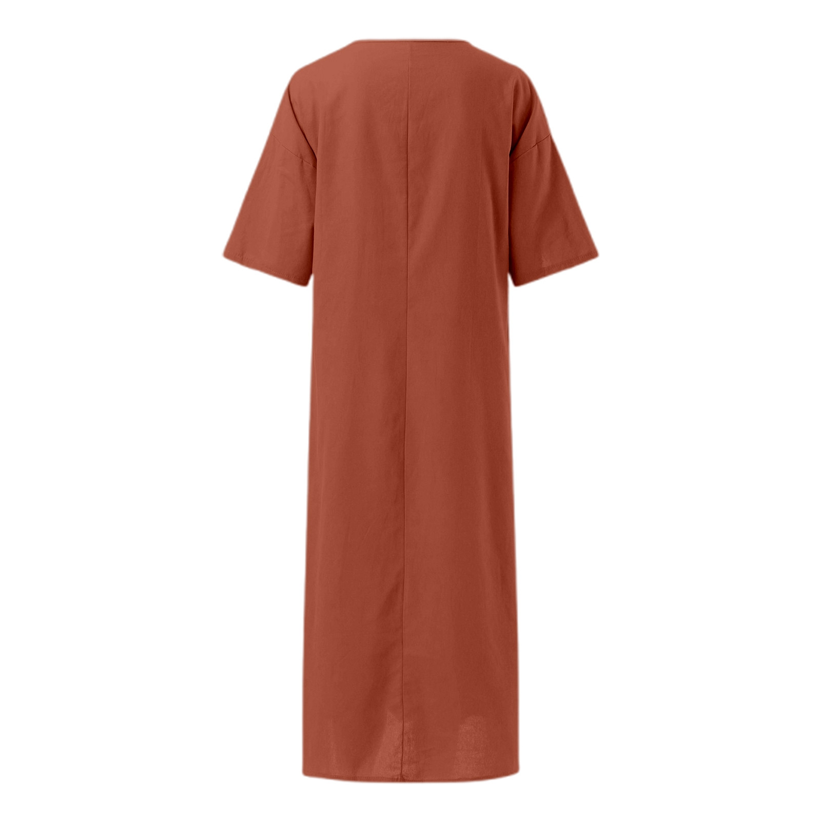 thumbnail image 4 of Vestido largo holgado de talla grande, manga corta, cuello en V, color liso, mezcla de lino, ligero y transpirable para llevar todo el día., 4 of 7